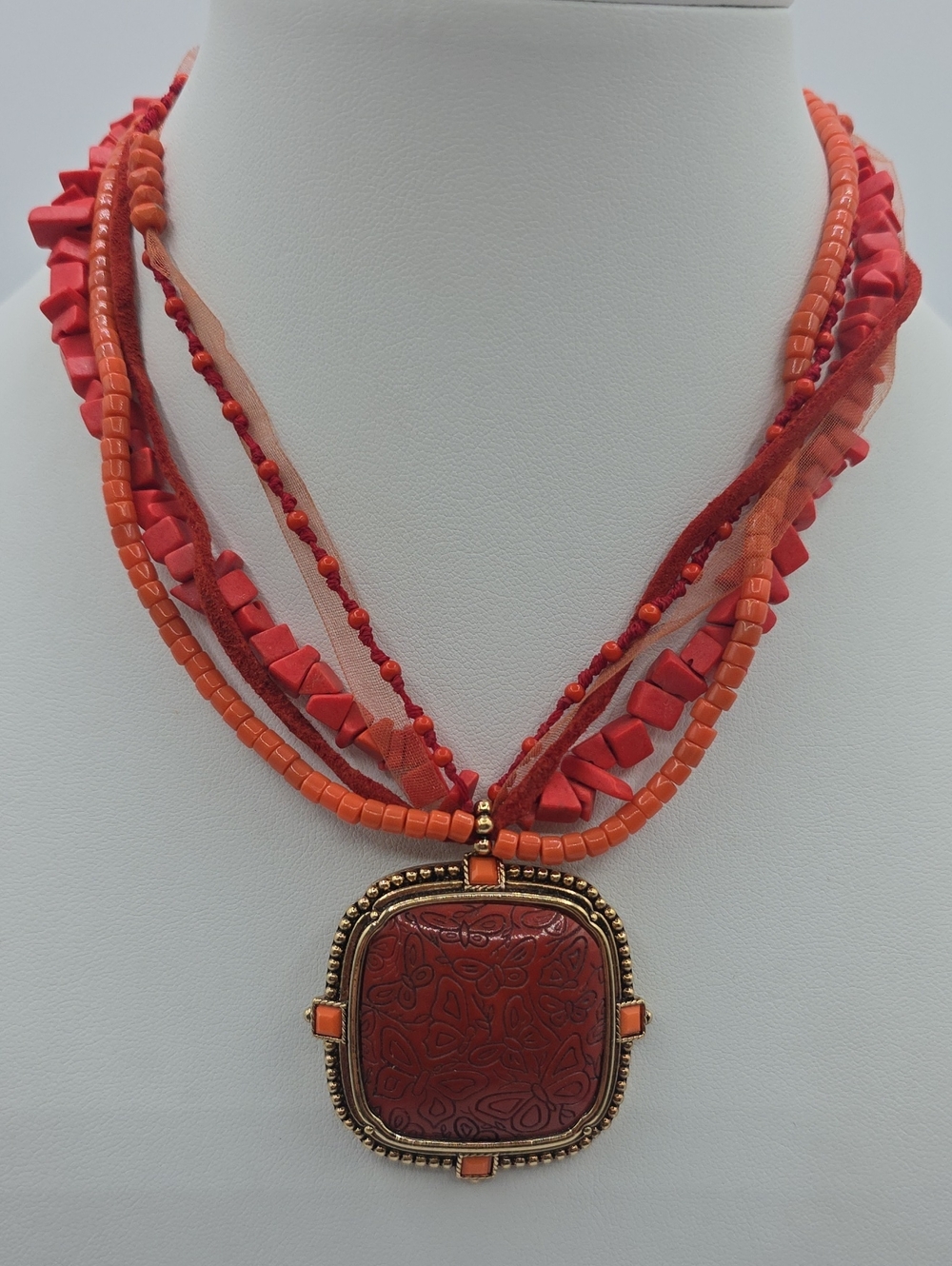 Monet Red and Orange Multi-Strand Pendant Necklace